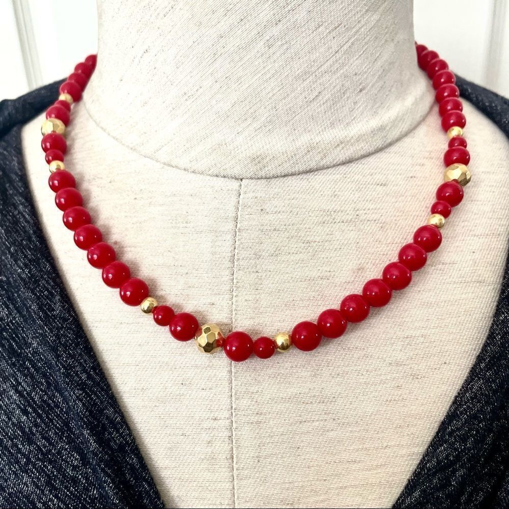 Red and gold tone beaded German silver vintage necklace